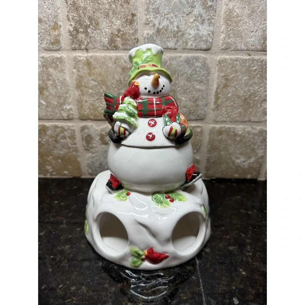 Fitz and Floyd 2013 Holly Hat Snowman Ceramic‎ Tea Light Candle Jar Warmer Rare